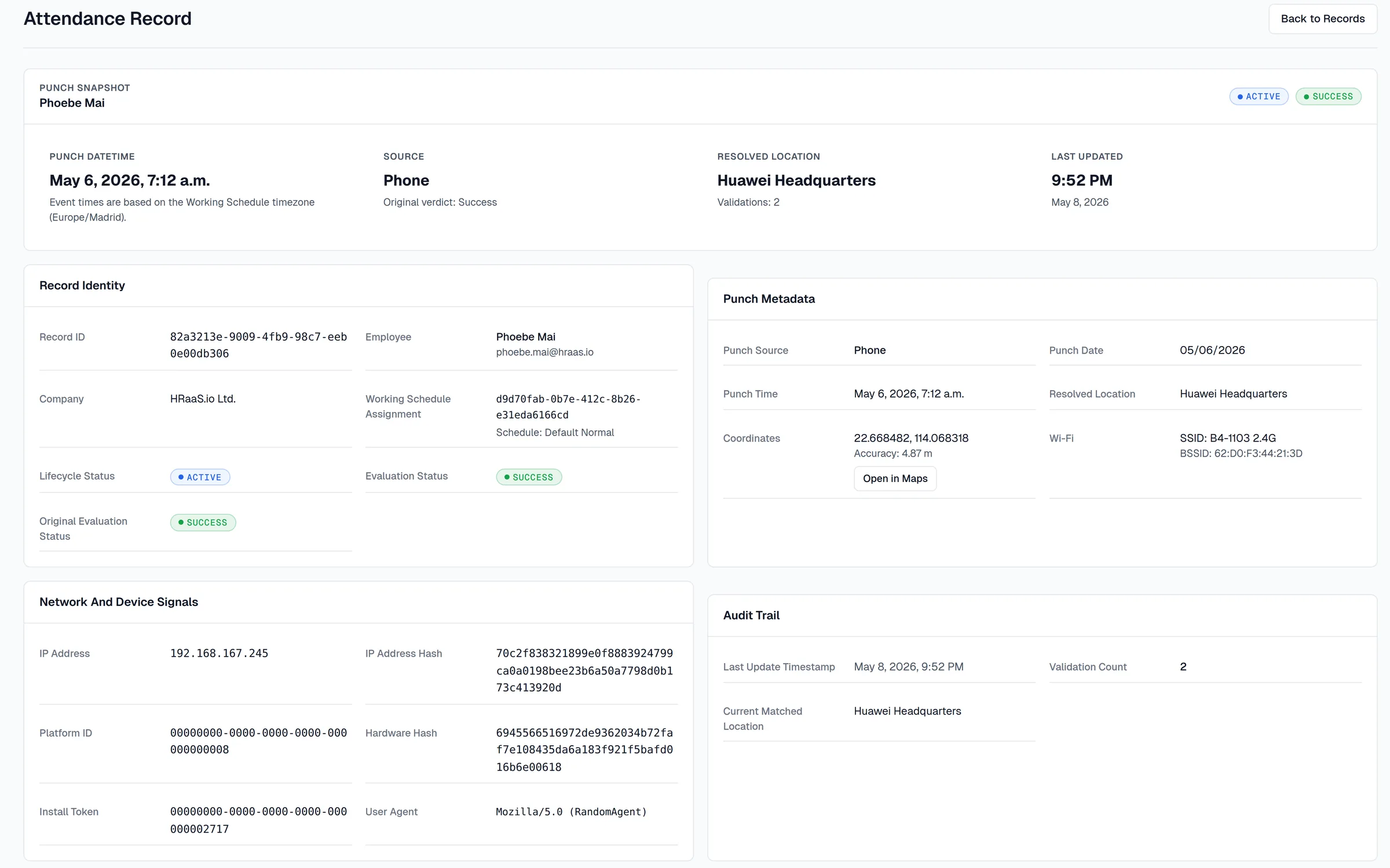 Screenshot des HRaaS-Anwesenheits-Dashboards